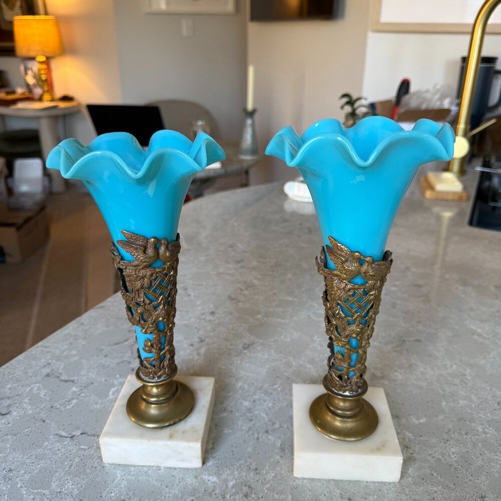 Pair Antique Victorian Blue Opaline Glass Epergne Trumpet Vases